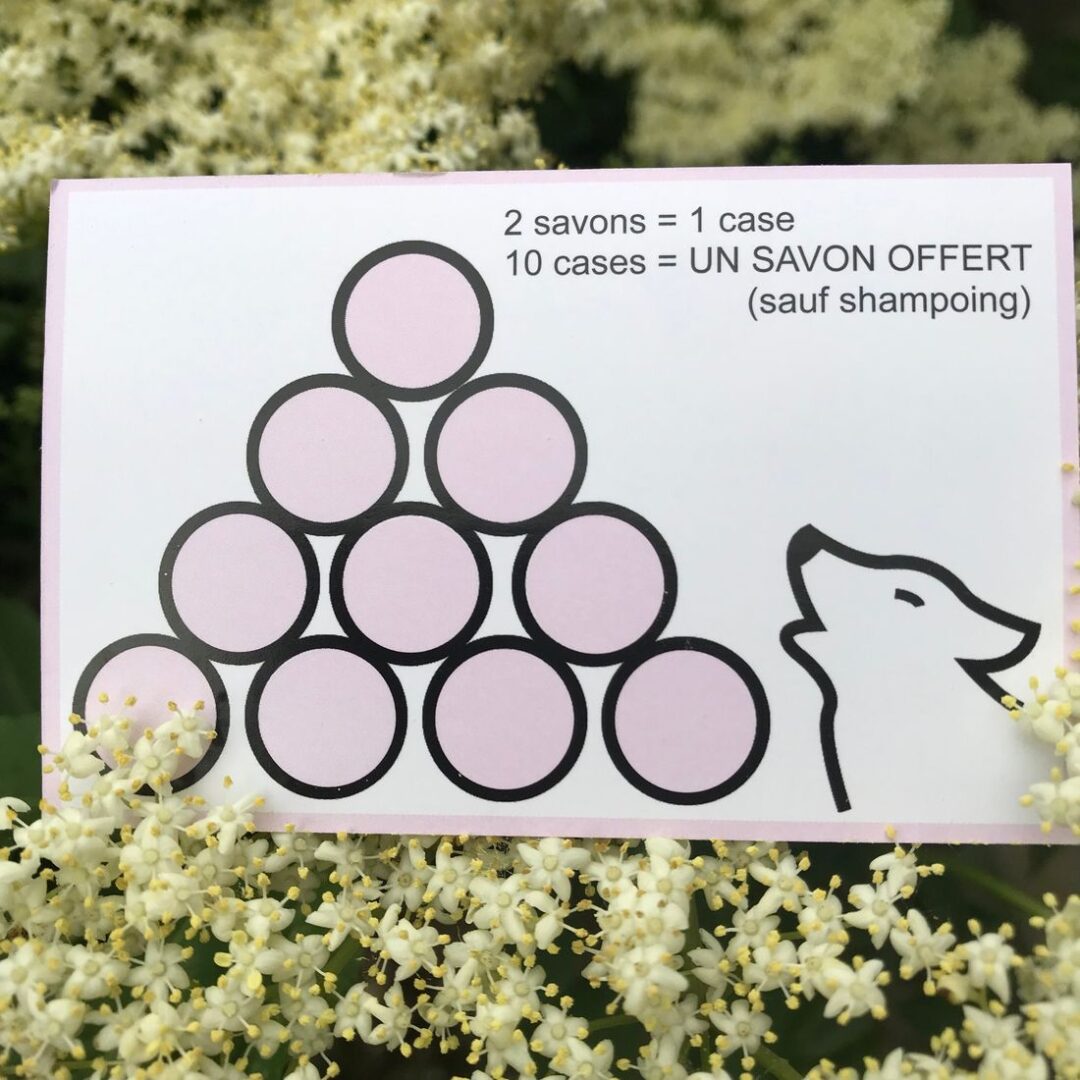 Carte de fidélité Loup Katlan : 2 savons achetés = 1 case, 10 cases remplies = un savon offert